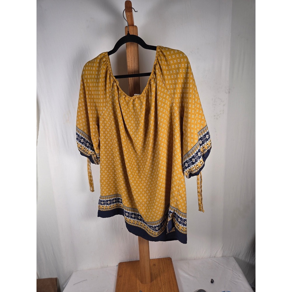 Naif Mustard Yellow Boho Geometric Print Blouse Tie Sleeve DT3707X-KHH091